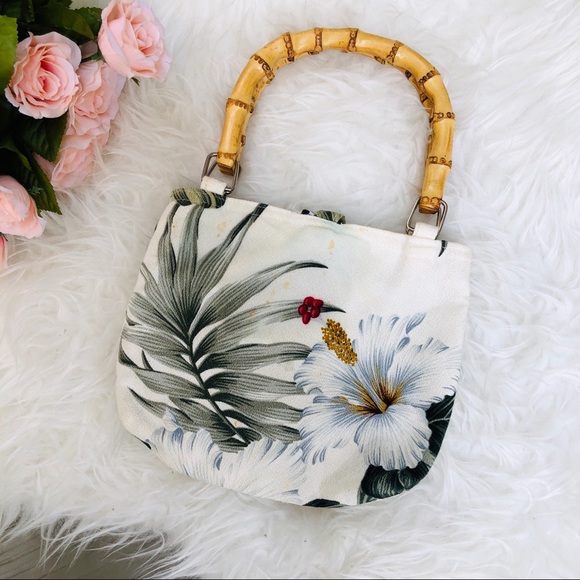 VINTAGE TROPICAL PALM HIBISCUS BAMBOO HANDBAG - Picture 2 of 4